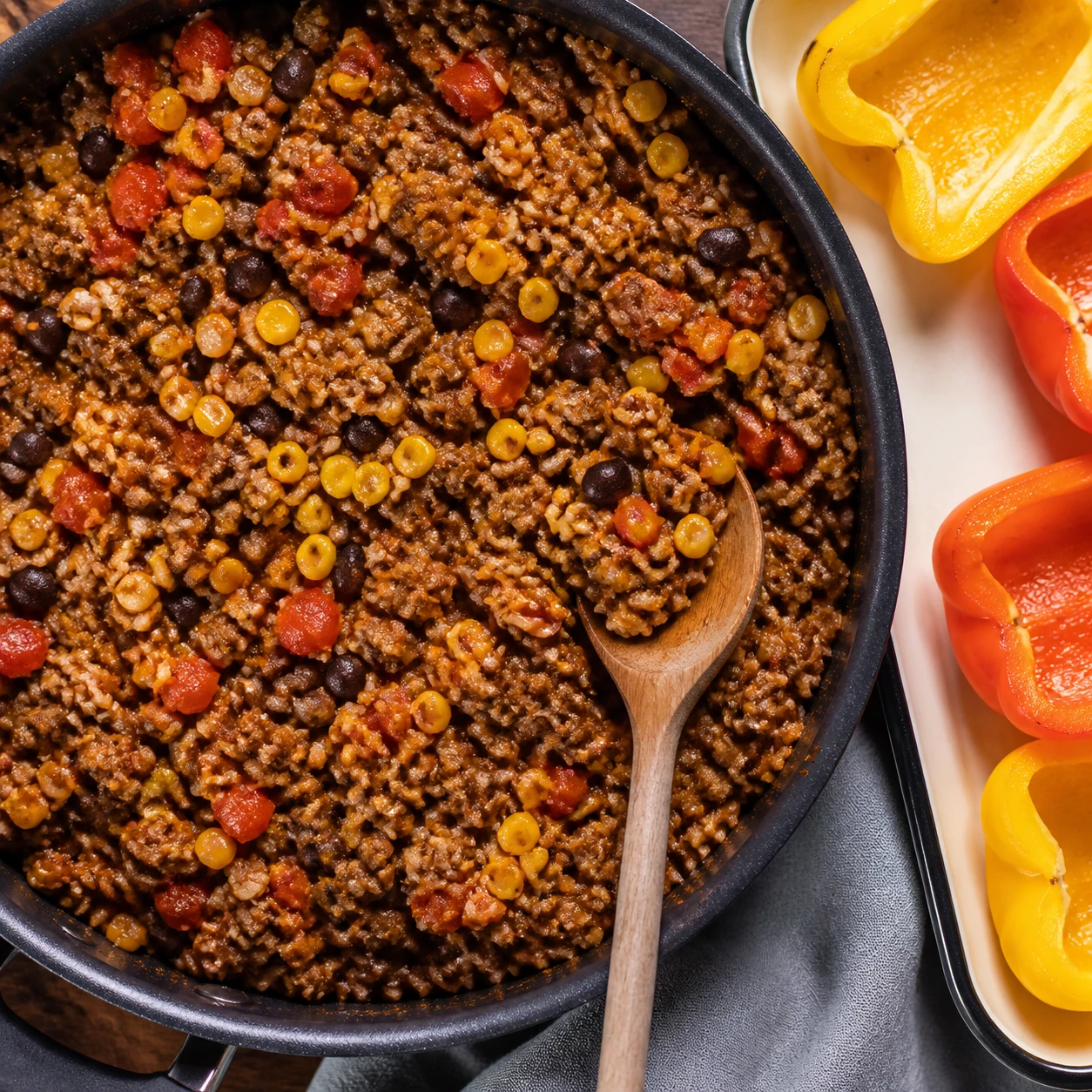A skillet of concentrated beef, bean, corn, rice, and green chile filling sits beside softened bell pepper halves.