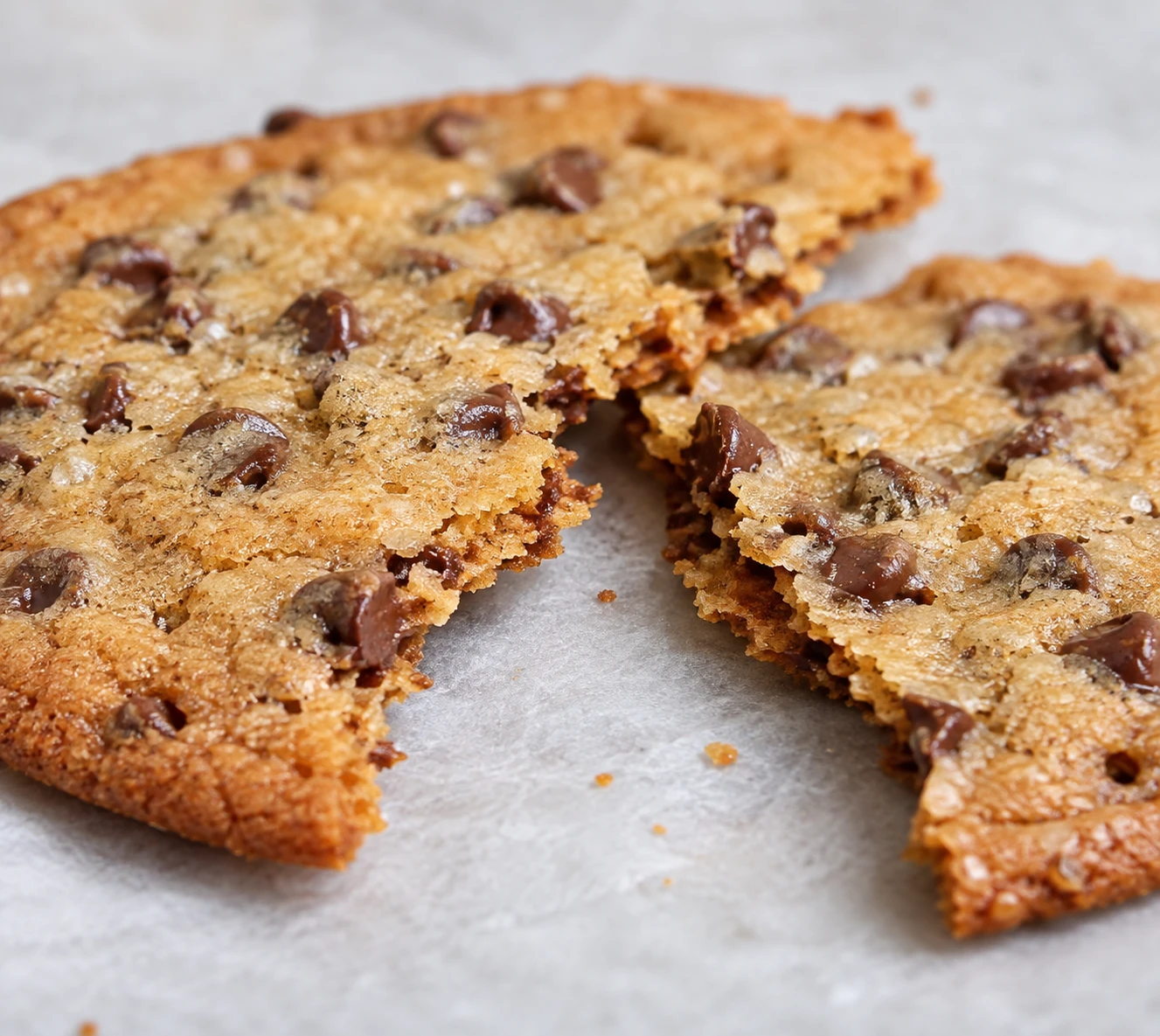 Broken thin chocolate chip cookie shows a brittle golden edge and embedded mini chips.