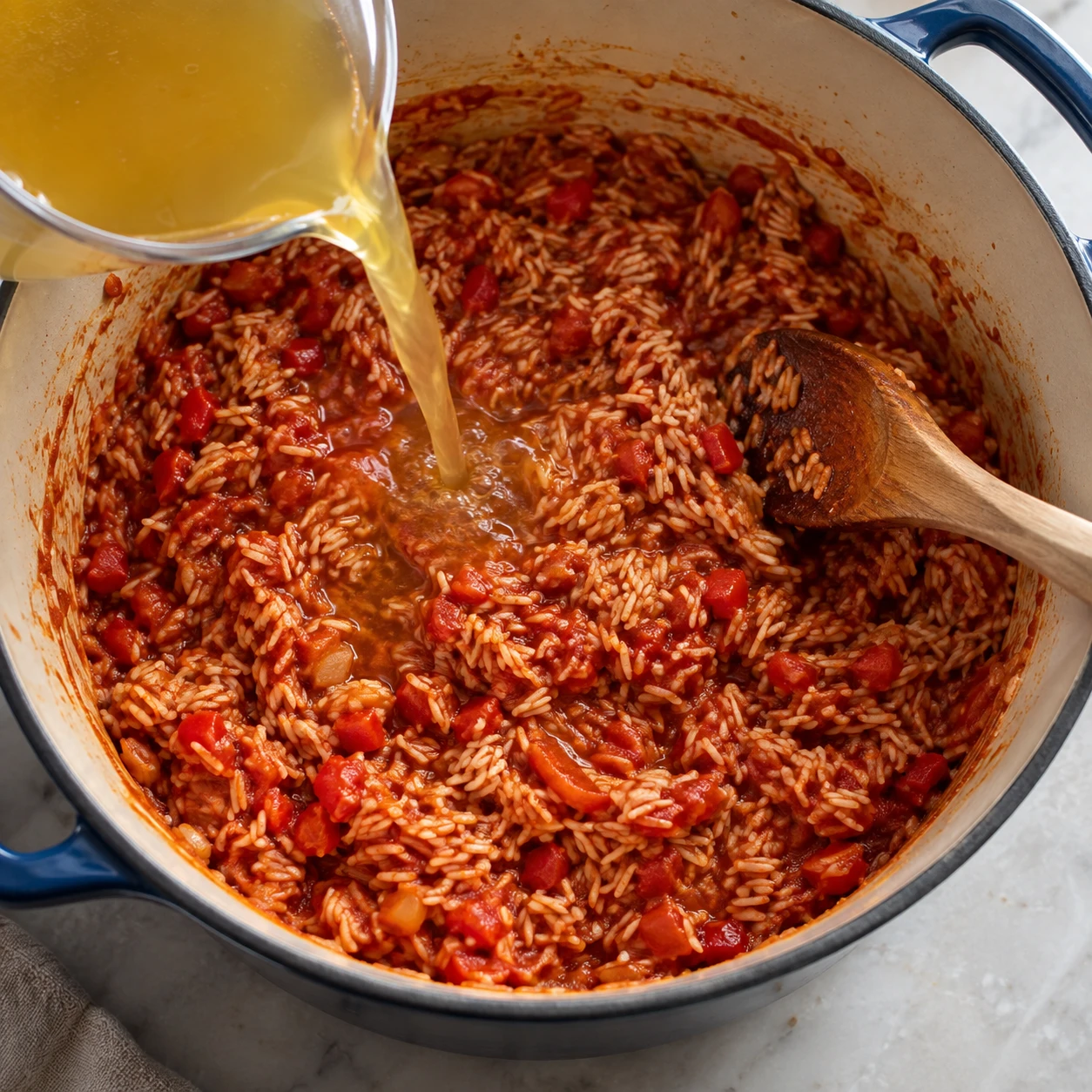 A thick brick-red tomato base coats long-grain rice in a heavy pot before steaming.