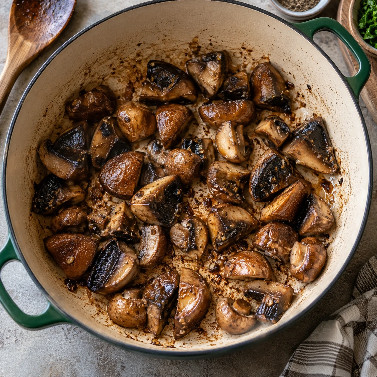 Cremini and portobello mushroom pieces sear in an uncrowded Dutch oven with browned fond visible.