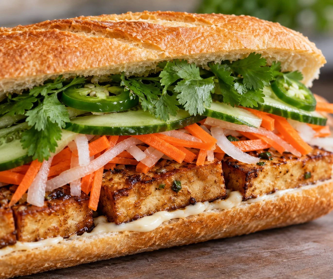 Bronzed tofu and crisp vegetable pickles fill a warm baguette with cucumber, cilantro, jalapeno, and vegan mayonnaise.