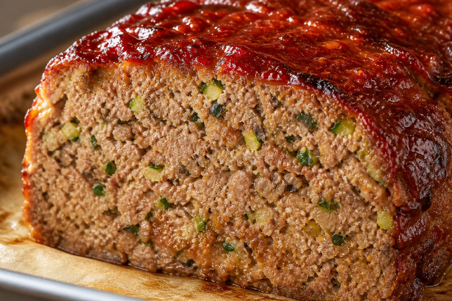 A clean meatloaf slice with caramelized glaze reveals visible poblano, mushroom, onion, and zucchini flecks.