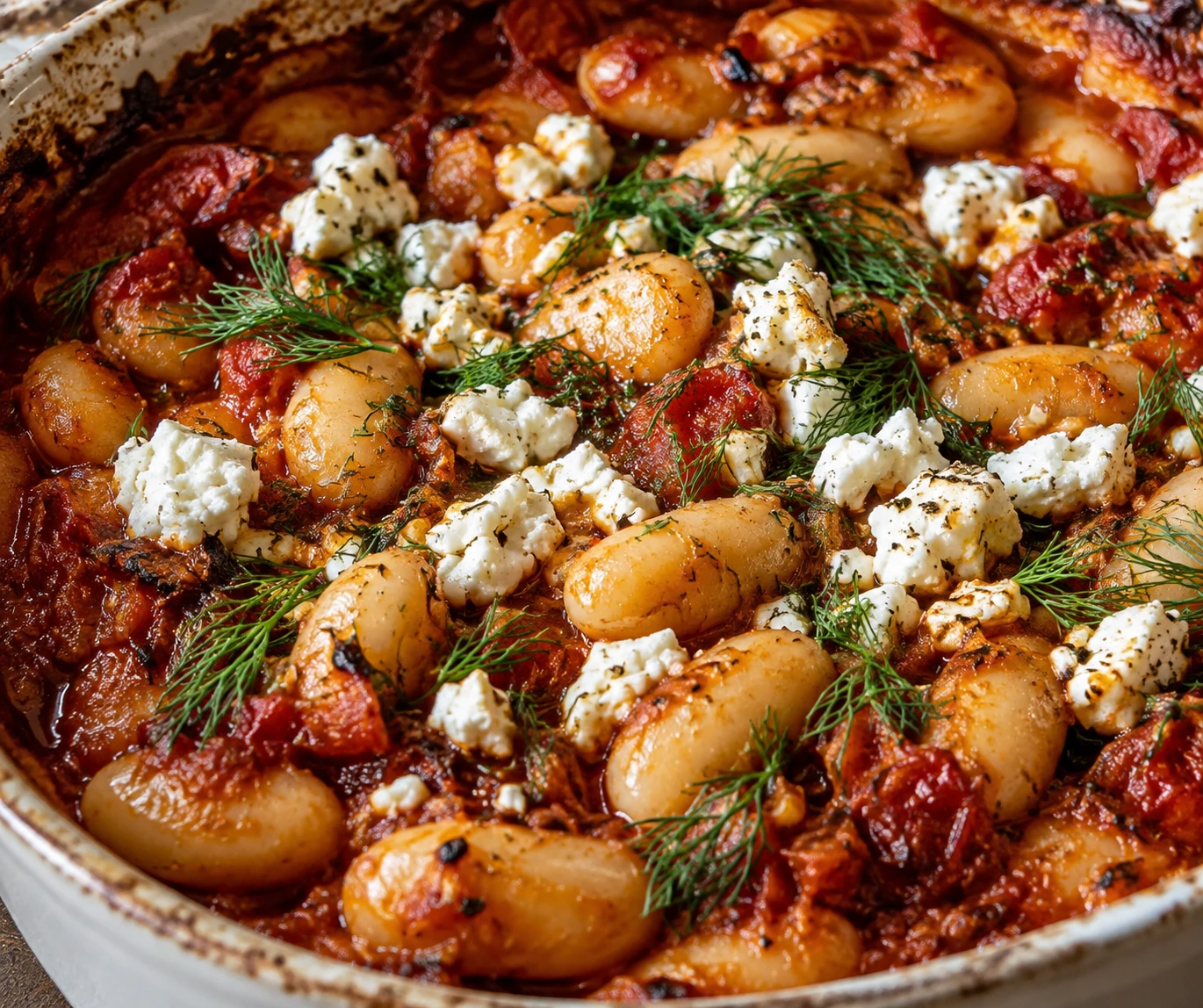 Creamy giant beans with browned sauce edges are finished with distinct feta crumbles and dill.