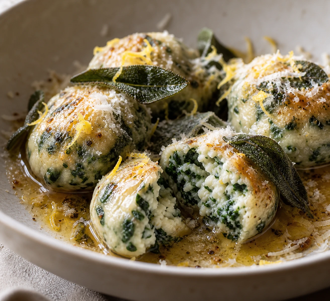 A split spinach ricotta gnudi shows a tender green-flecked center with brown butter and crisp sage.
