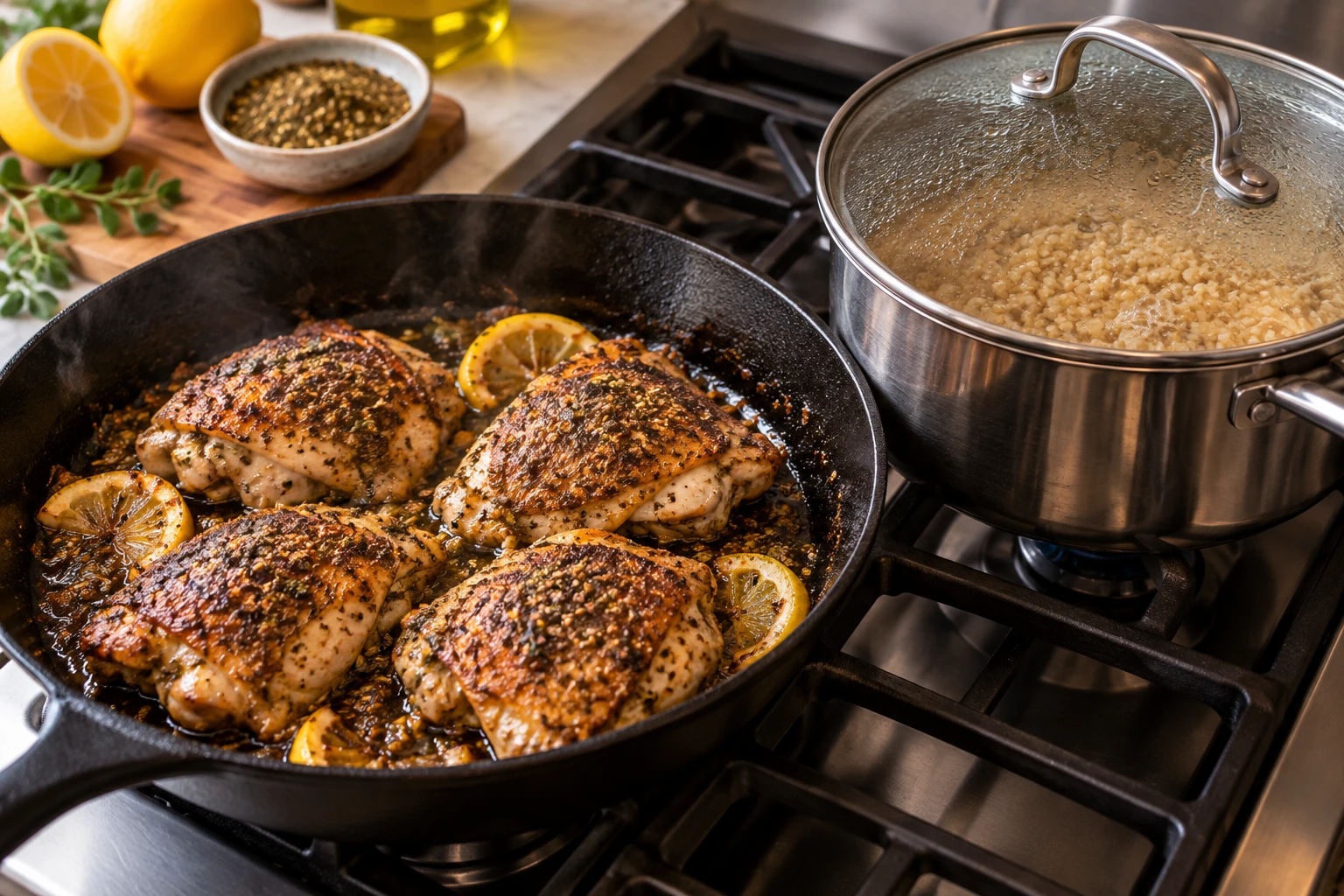 Lemony za’atar chicken sears while bulgur simmers in stock in a covered saucepan.